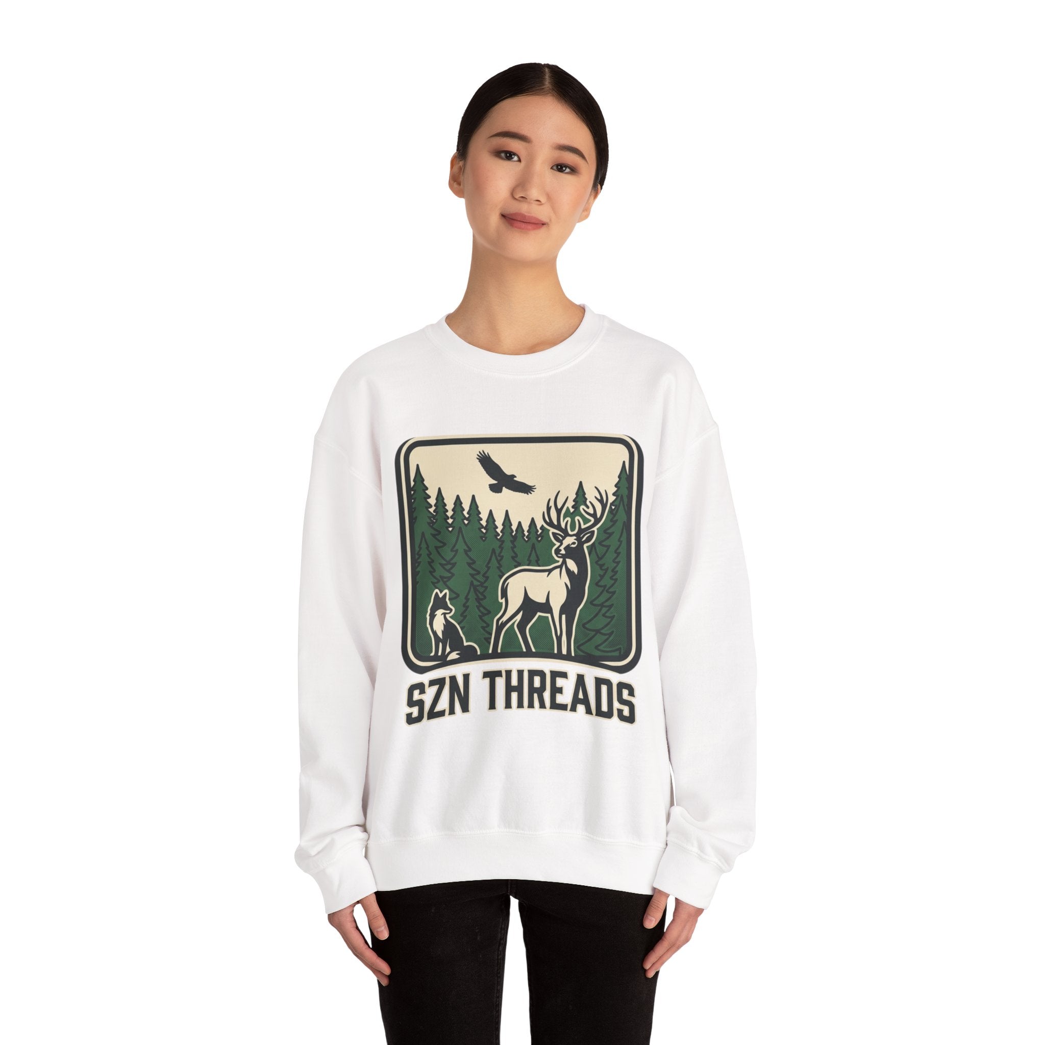 Nature Crewneck Sweatshirt — 'SZN THREADS' Forest Deer Graphic