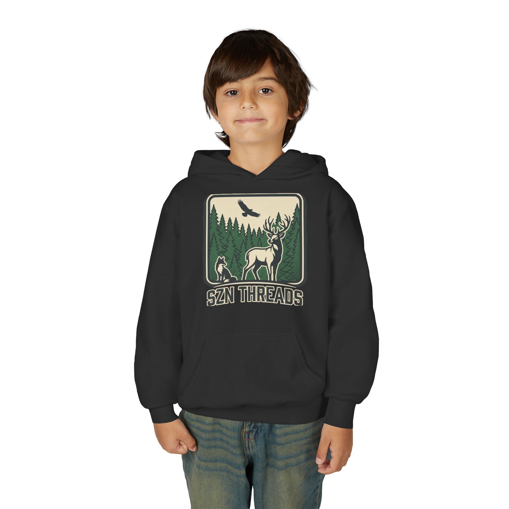 Youth Hoodie – 'SZN THREADS' Forest Deer Graphic Hoodie for Kids