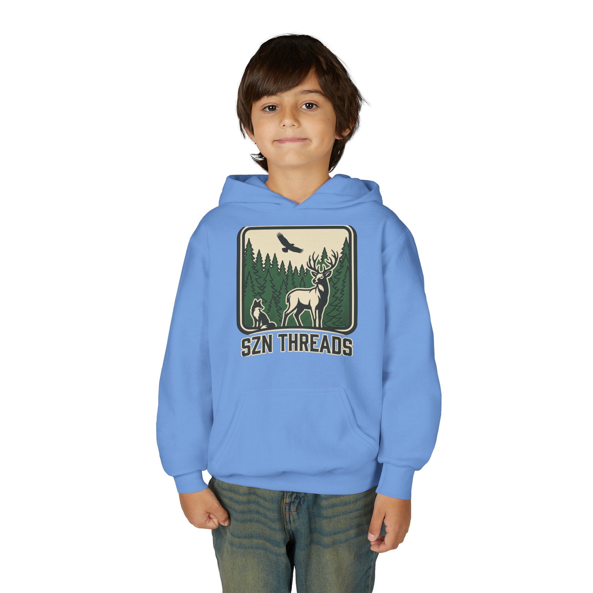 Youth Hoodie – 'SZN THREADS' Forest Deer Graphic Hoodie for Kids