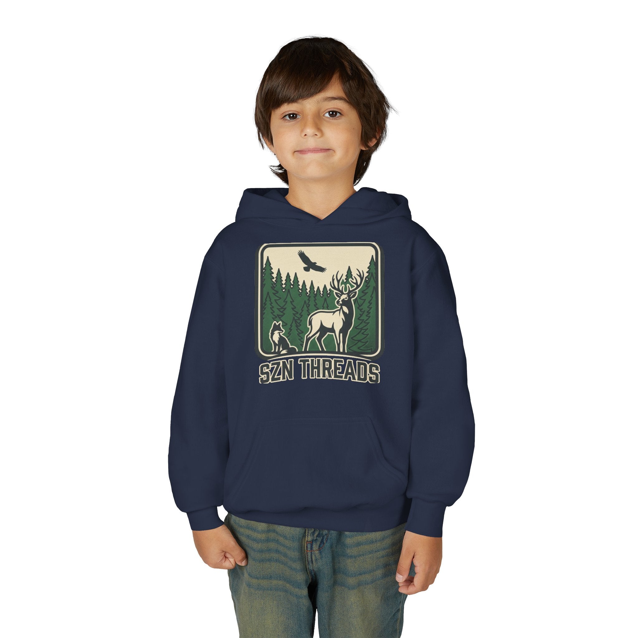 Youth Hoodie – 'SZN THREADS' Forest Deer Graphic Hoodie for Kids