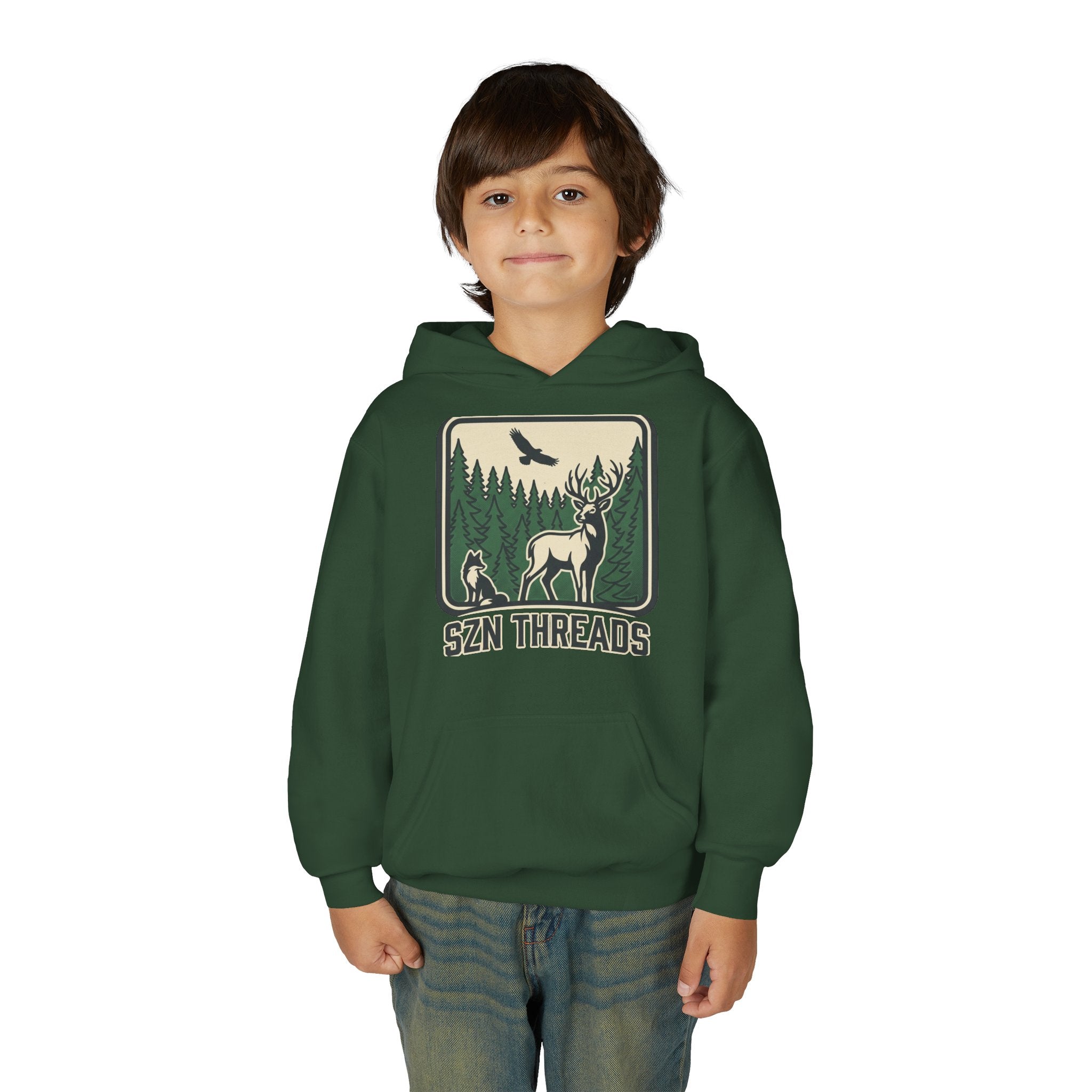 Youth Hoodie – 'SZN THREADS' Forest Deer Graphic Hoodie for Kids
