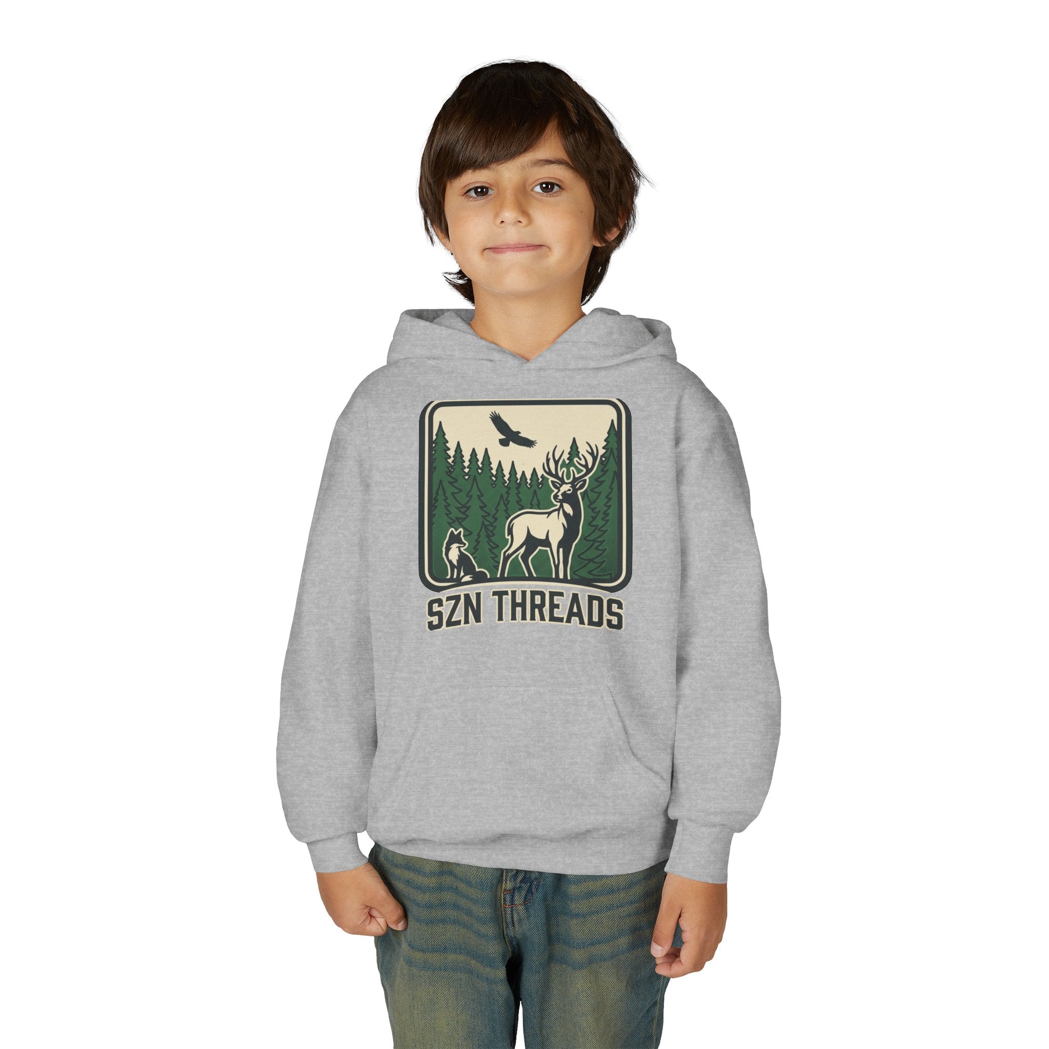 Youth Hoodie – 'SZN THREADS' Forest Deer Graphic Hoodie for Kids