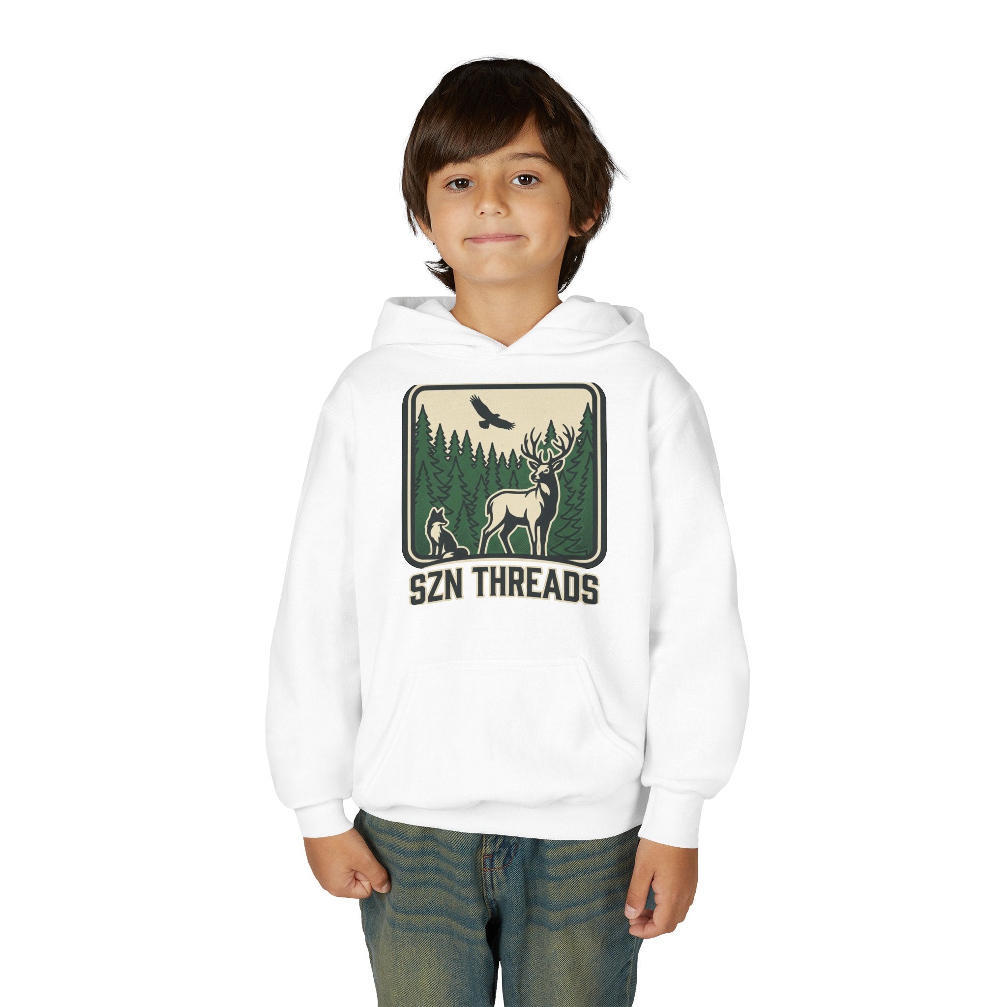 Youth Hoodie – 'SZN THREADS' Forest Deer Graphic Hoodie for Kids